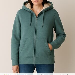 LL Bean Jacket Size Large Heathered Teal Zip Up Sherpa Style Hooded EUC